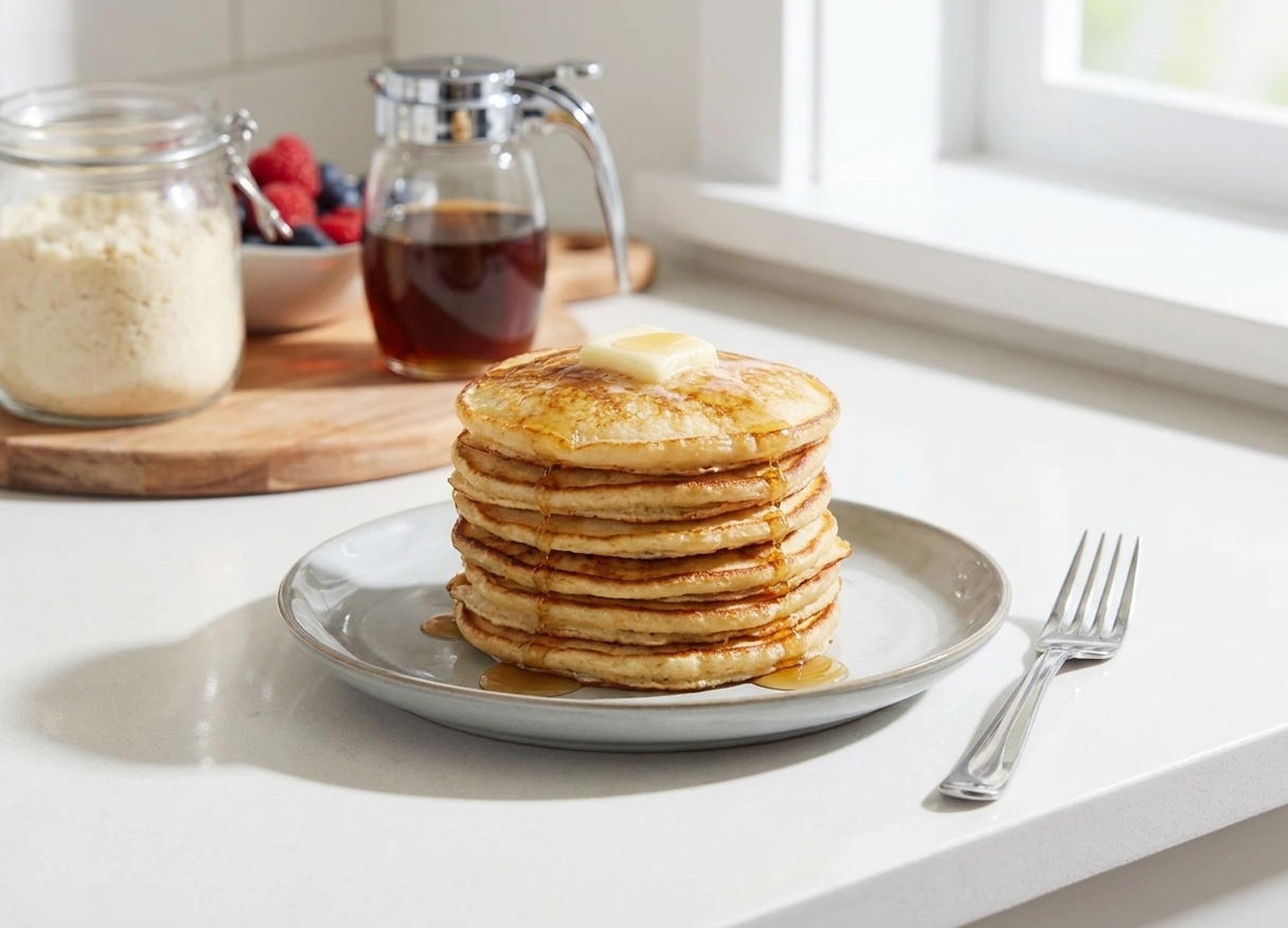 A tall stack of golden keto pancakes topped with a pat of butter and a drizzle of sugar-free syrup on a simple ceramic plate on a bright kitchen table