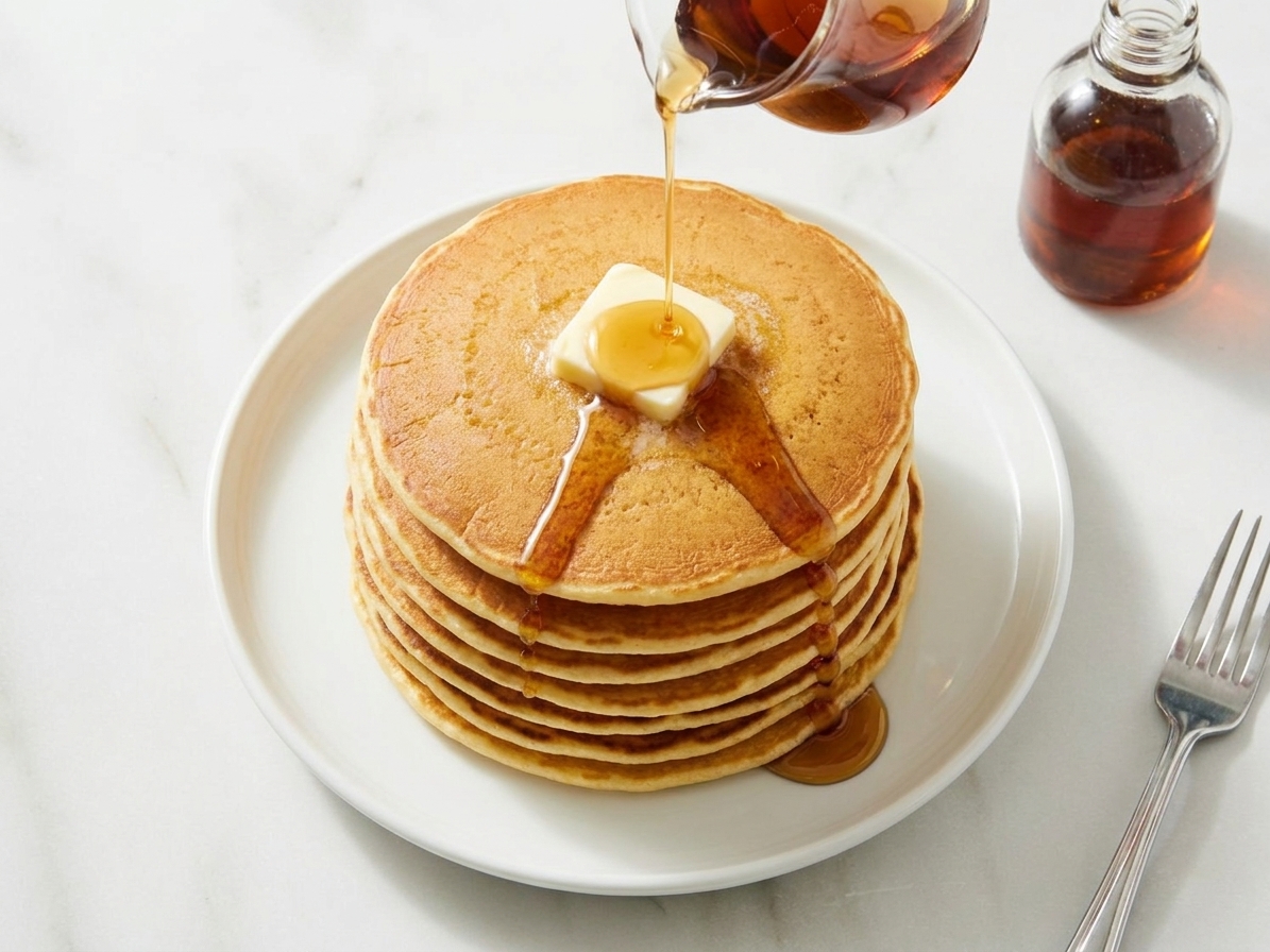 A tall stack of golden pancakes on a ceramic plate with butter melting on top and syrup nearby on a breakfast table