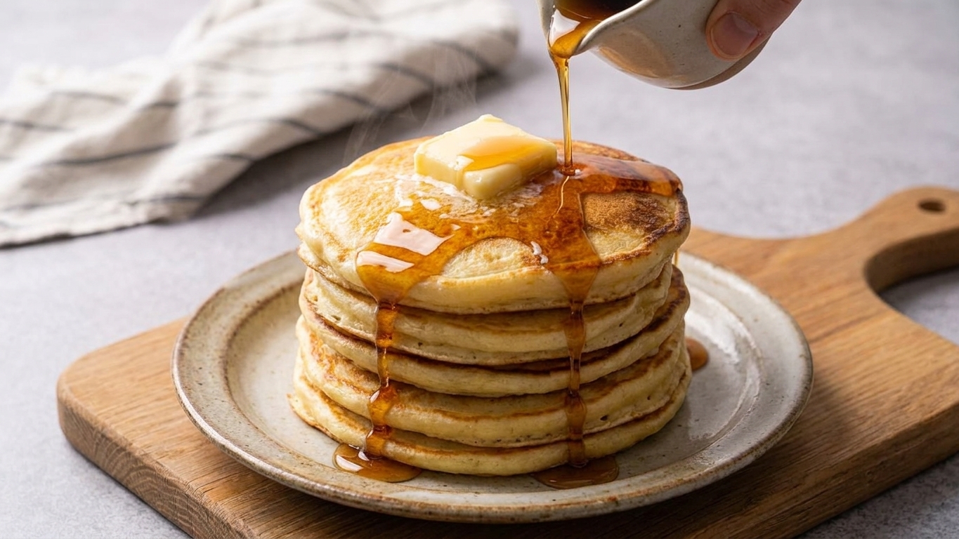 A tall stack of golden pancakes on a plate with butter and warm syrup dripping down