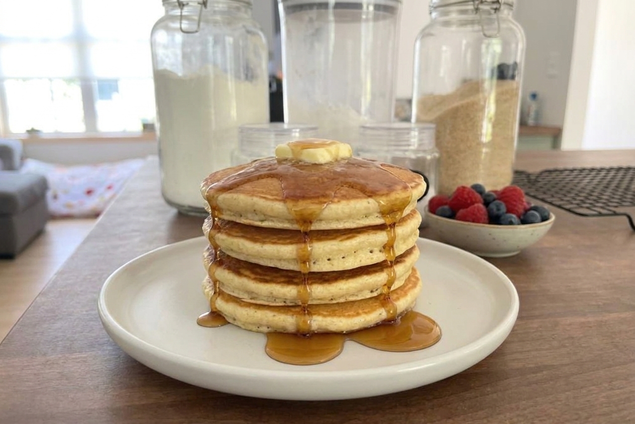 A tall stack of golden pancakes on a plate with maple syrup dripping down the sides and berries nearby on the table