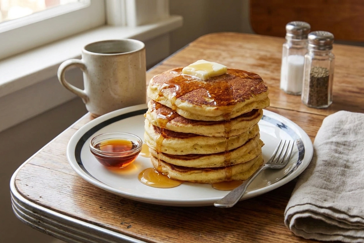 A tall stack of thick golden pancakes on a white plate with butter melting on top and maple syrup drizzled down the sides on a cozy diner-style table