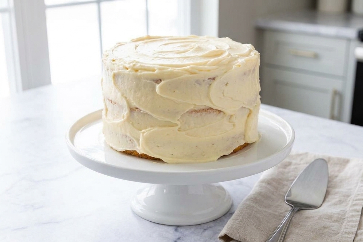 A tall, tender vanilla layer cake with pale golden edges and creamy frosting on a simple white cake stand on a bright kitchen table
