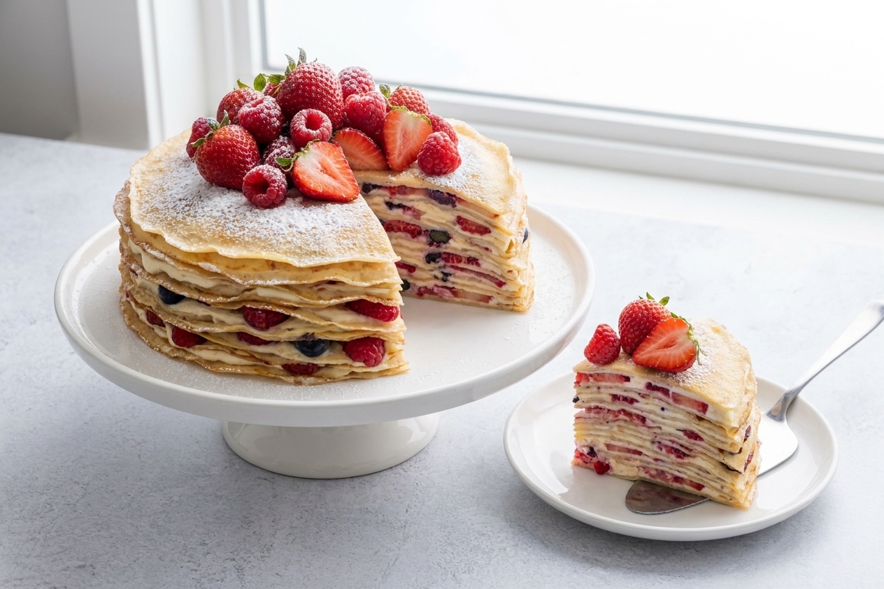 A tall vanilla berry crepe cake on a white cake stand, topped with fresh strawberries and raspberries, with clean slices showing many thin crepe layers in bright natural kitchen light