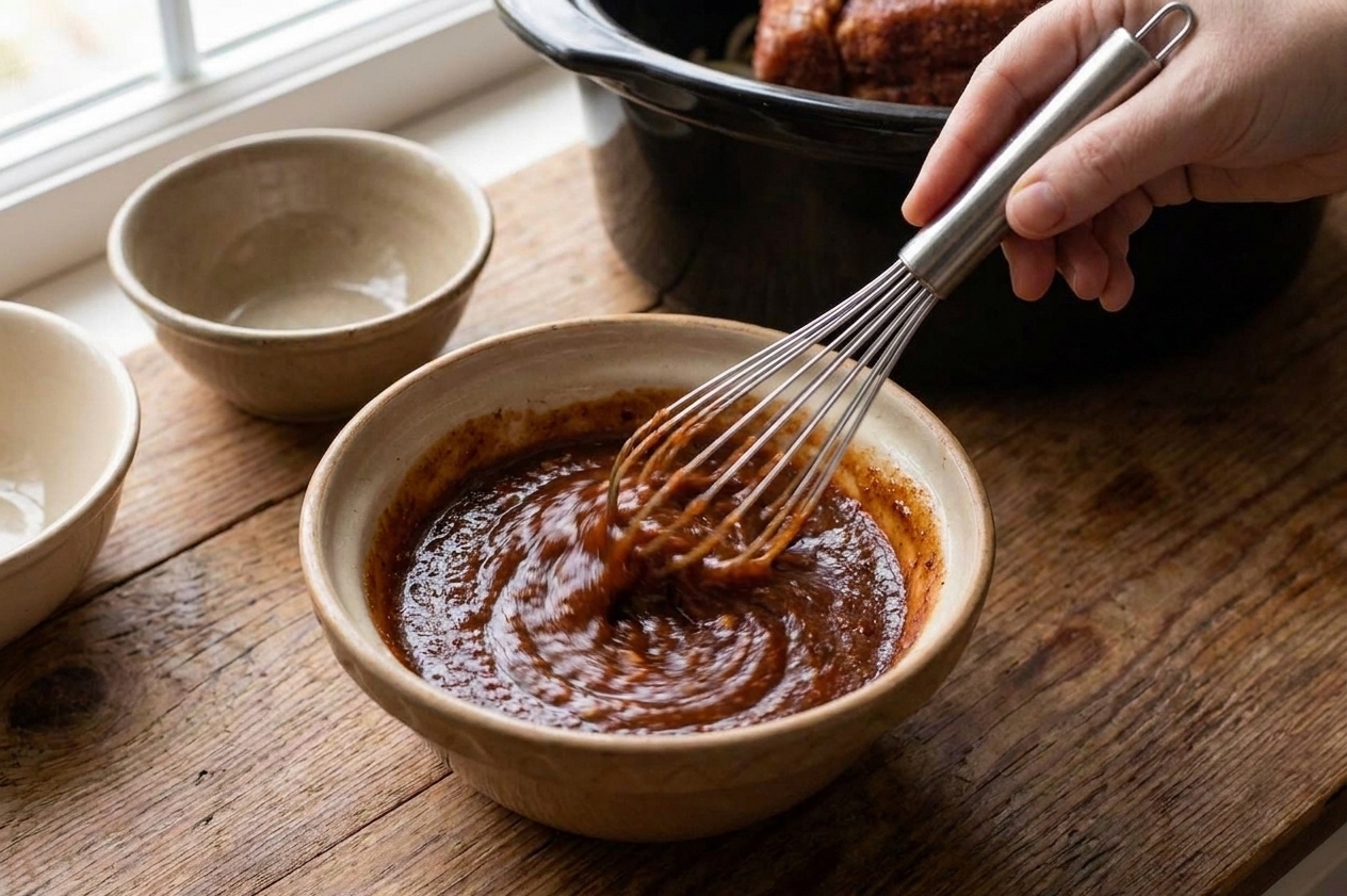 A tangy barbecue-style-sauce being whisked in a small bowl on a kitchen counter