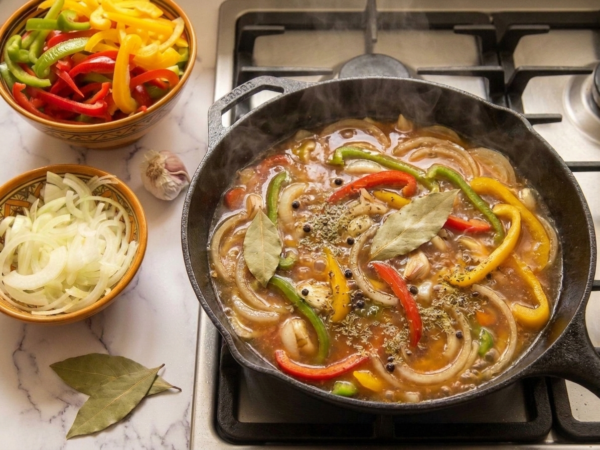 A tangy vinegar escabeche liquid simmering in a skillet with sliced onions, peppers, bay leaves, and spices