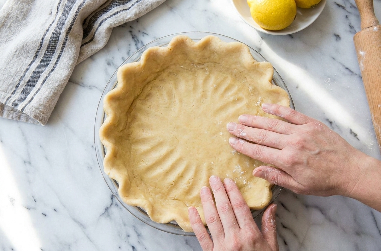 A tart pan on a kitchen counter with shortcrust dough being pressed evenly into the bottom and up the sides by hand