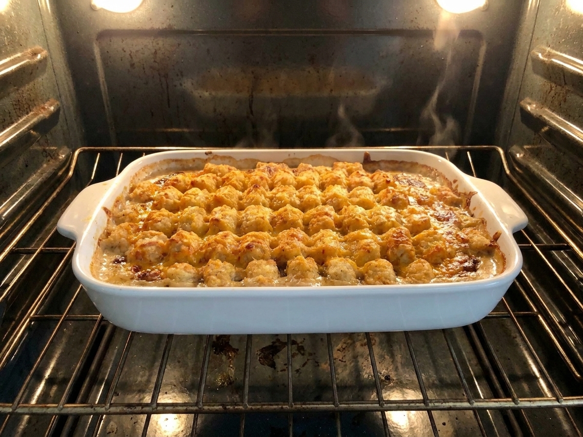 A tater tot casserole baking on the middle rack of an oven, with the tater tots starting to turn golden brown