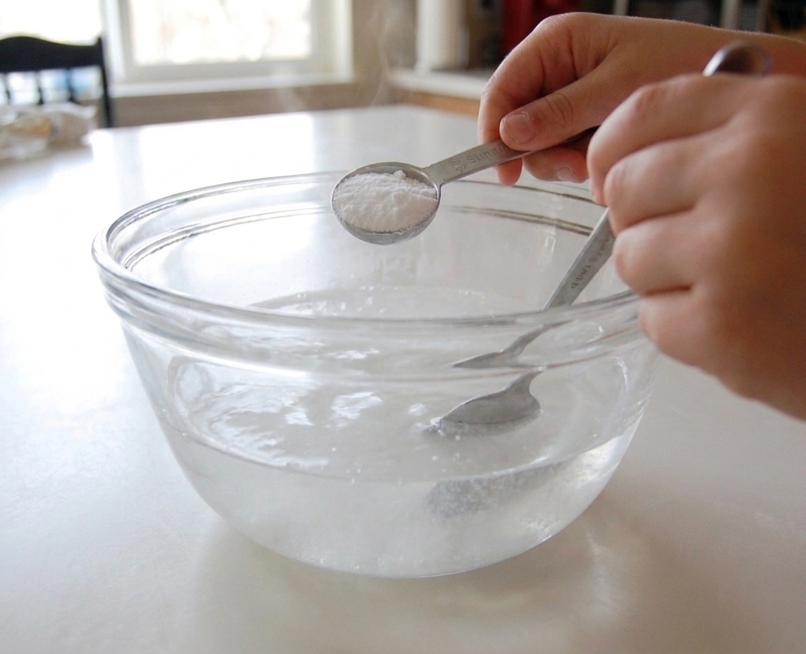 A teaspoon measure of borax being stirred into a bowl of warm water on a kitchen counter