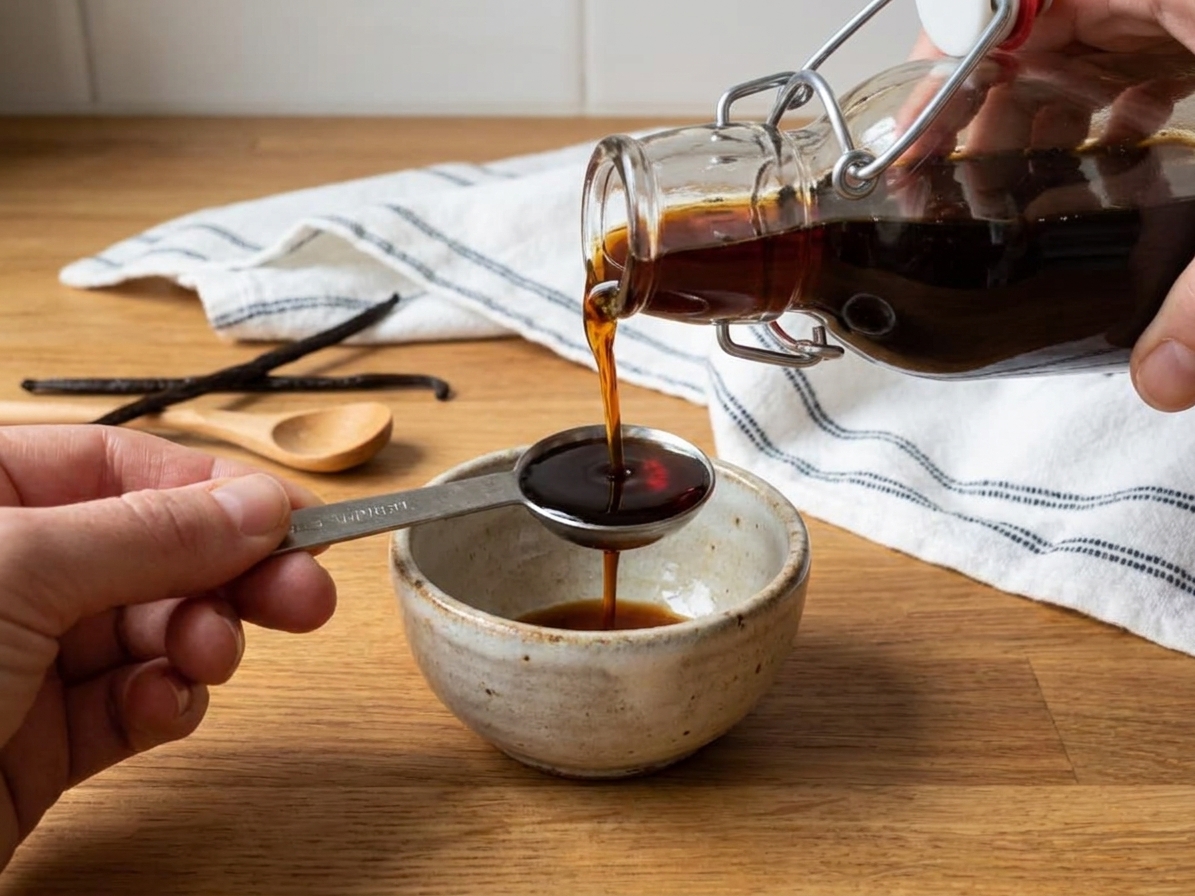 A teaspoon of vanilla extract being measured over a small bowl on a kitchen counter