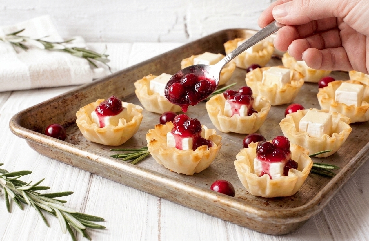 A teaspoon spooning whole berry cranberry sauce onto brie-filled mini phyllo cups on a baking tray