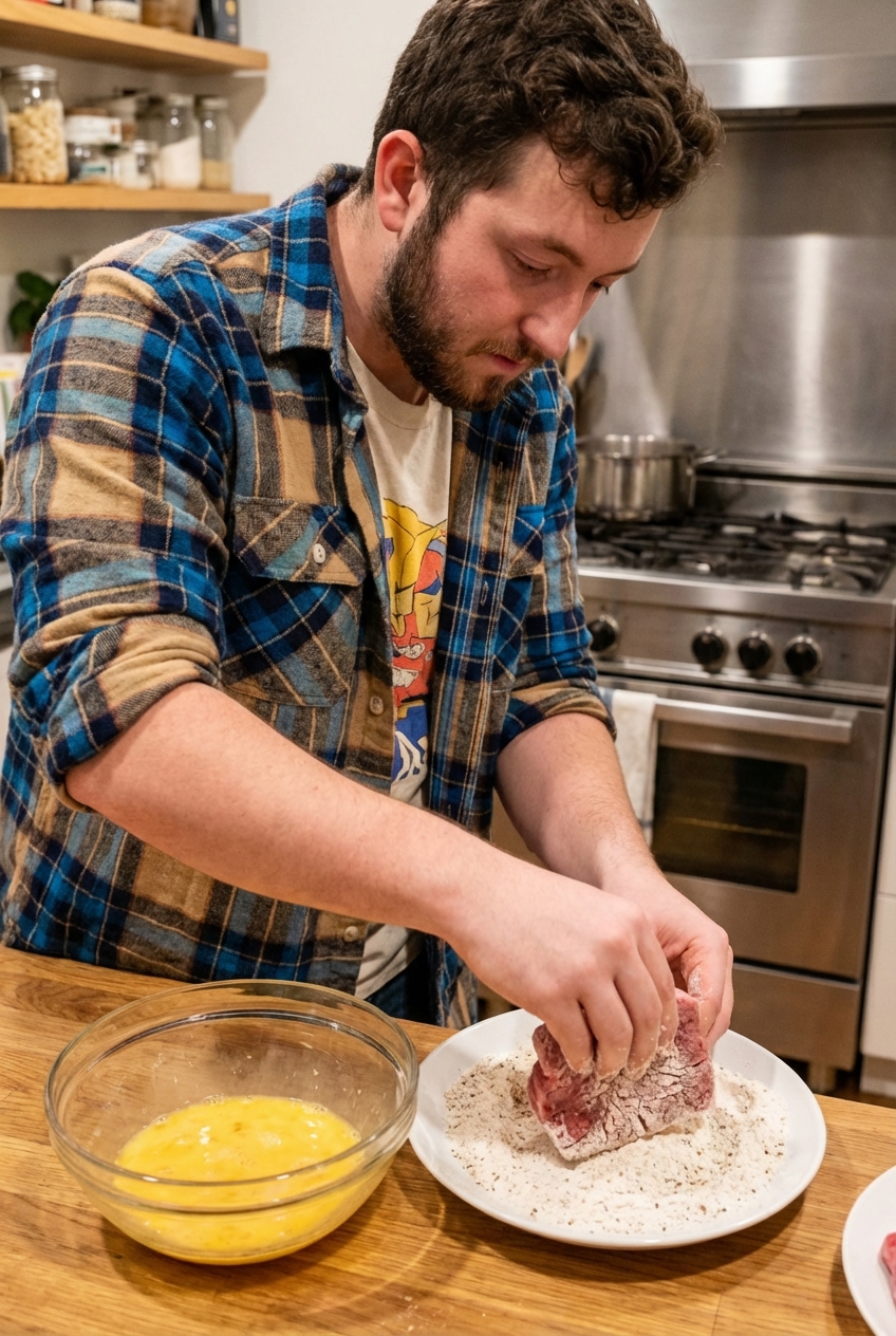 A tenderized cube steak being dredged in seasoned flour on a shallow plate beside a bowl of egg wash