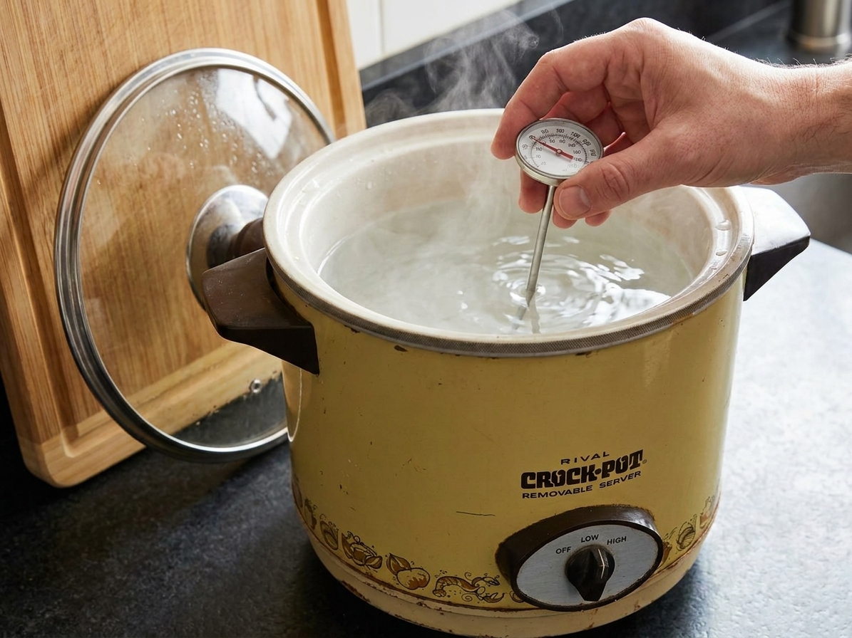 A thermometer being held in hot water inside a slow cooker crock, lid set to the side