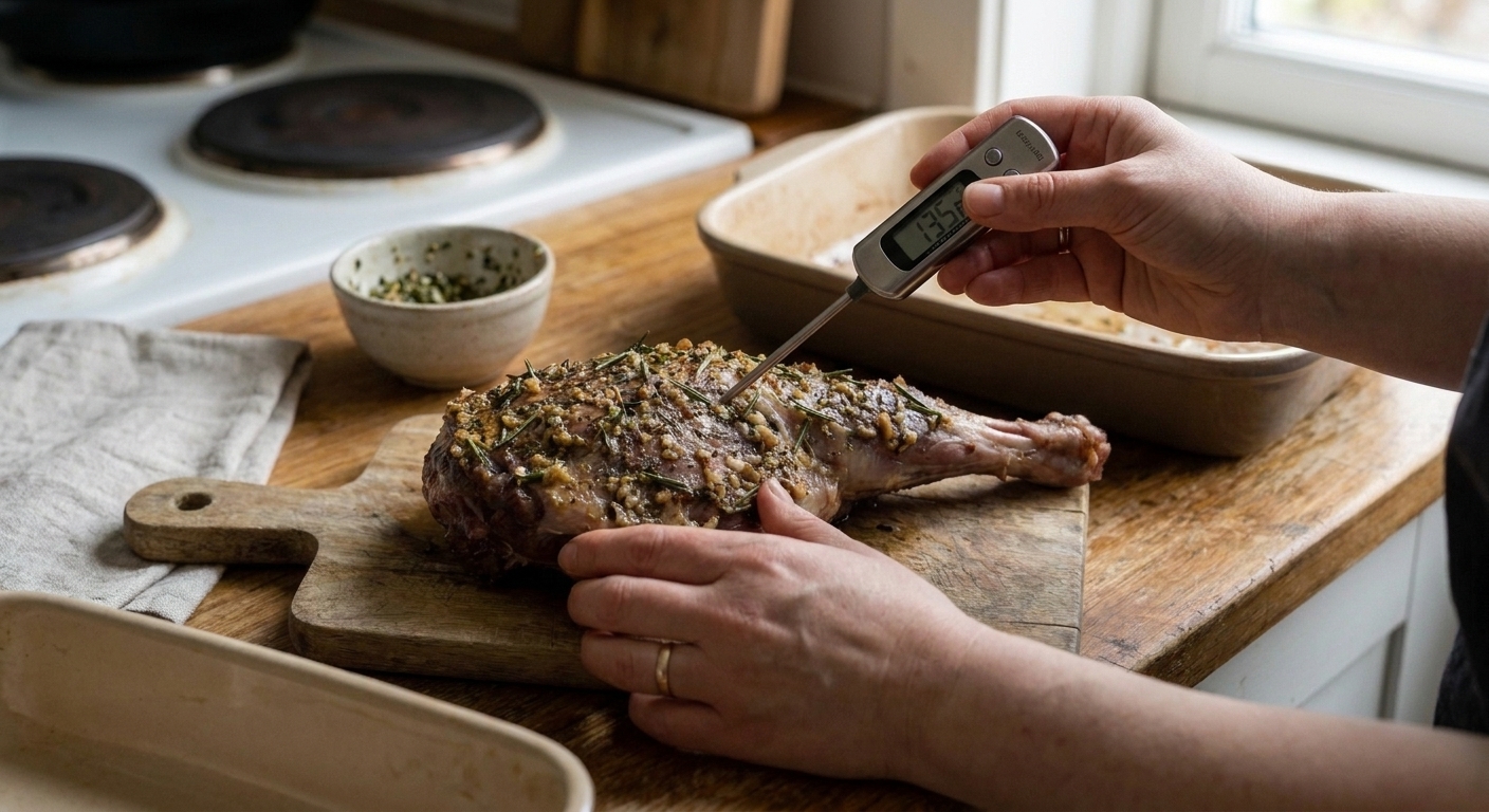 A thermometer being inserted into the thickest part of a roasted leg of lamb to check doneness