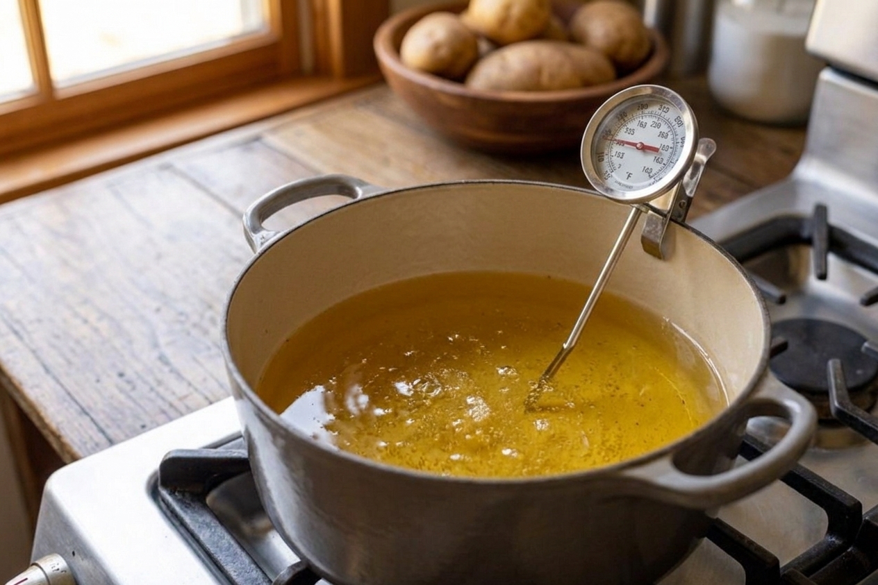 A thermometer clipped to a Dutch oven of heating oil on a stovetop