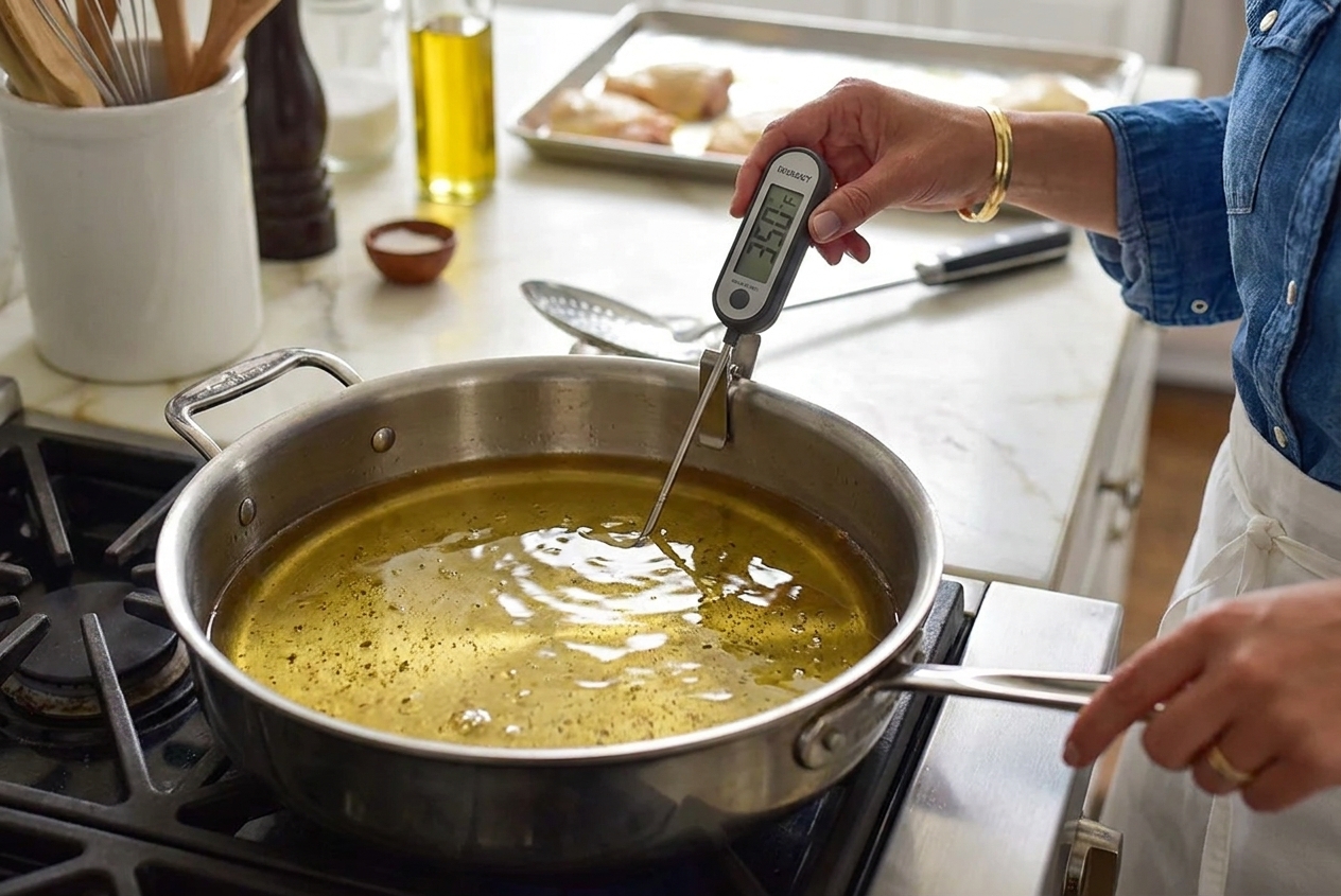 A thermometer clipped to a pan showing hot frying oil heating on a stovetop
