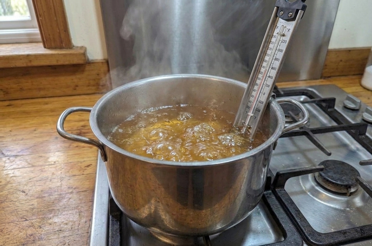 A thermometer clipped to a pot of bubbling apple jelly on the stove, amber liquid boiling rapidly