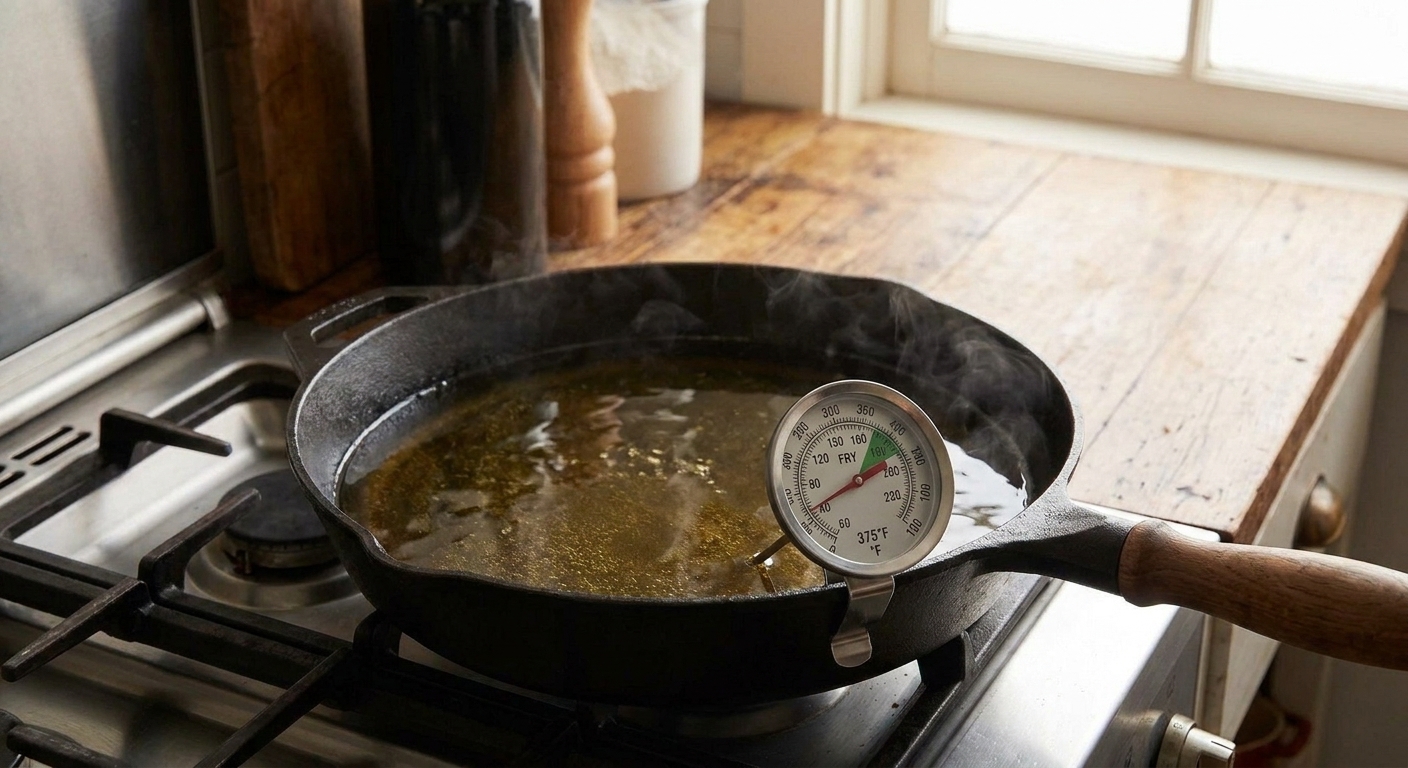 A thermometer clipped to a pot of hot oil on a stovetop, showing frying temperature