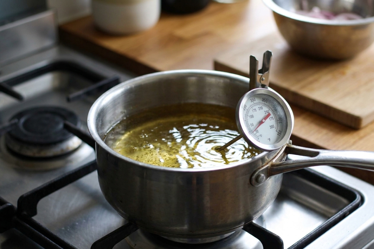 A thermometer clipped to a pot of shimmering oil on a home stove showing the oil heating to frying temperature