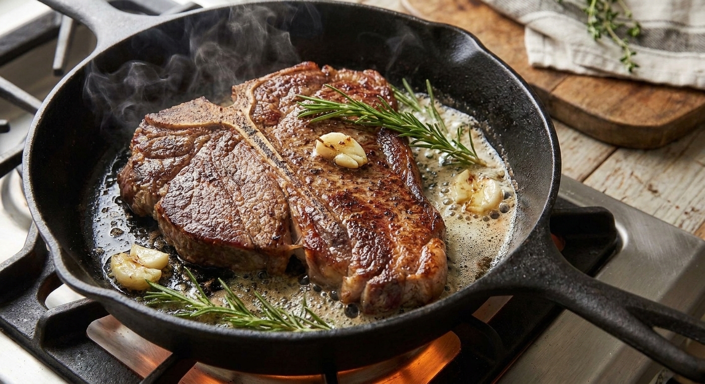 A thick T-bone steak sizzling in a cast-iron skillet with foaming butter, smashed garlic cloves, and rosemary on a warm kitchen stove