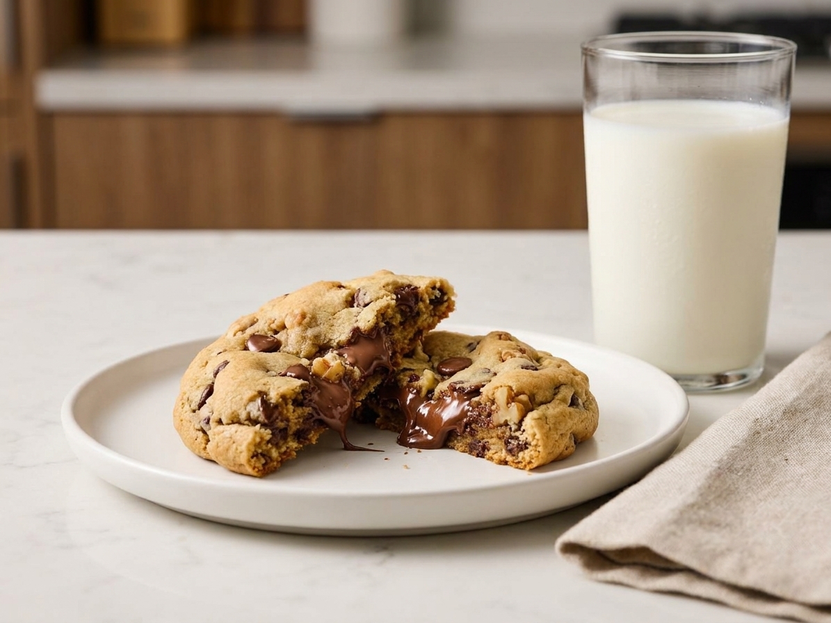 A thick baked Levain-style cookie broken in half showing a gooey chocolate-filled center on a plate next to a glass of milk