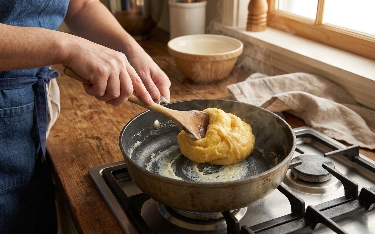 A thick ball of choux dough being stirred in a saucepan on the stove with a wooden spoon, showing a thin film forming on the bottom of the pan