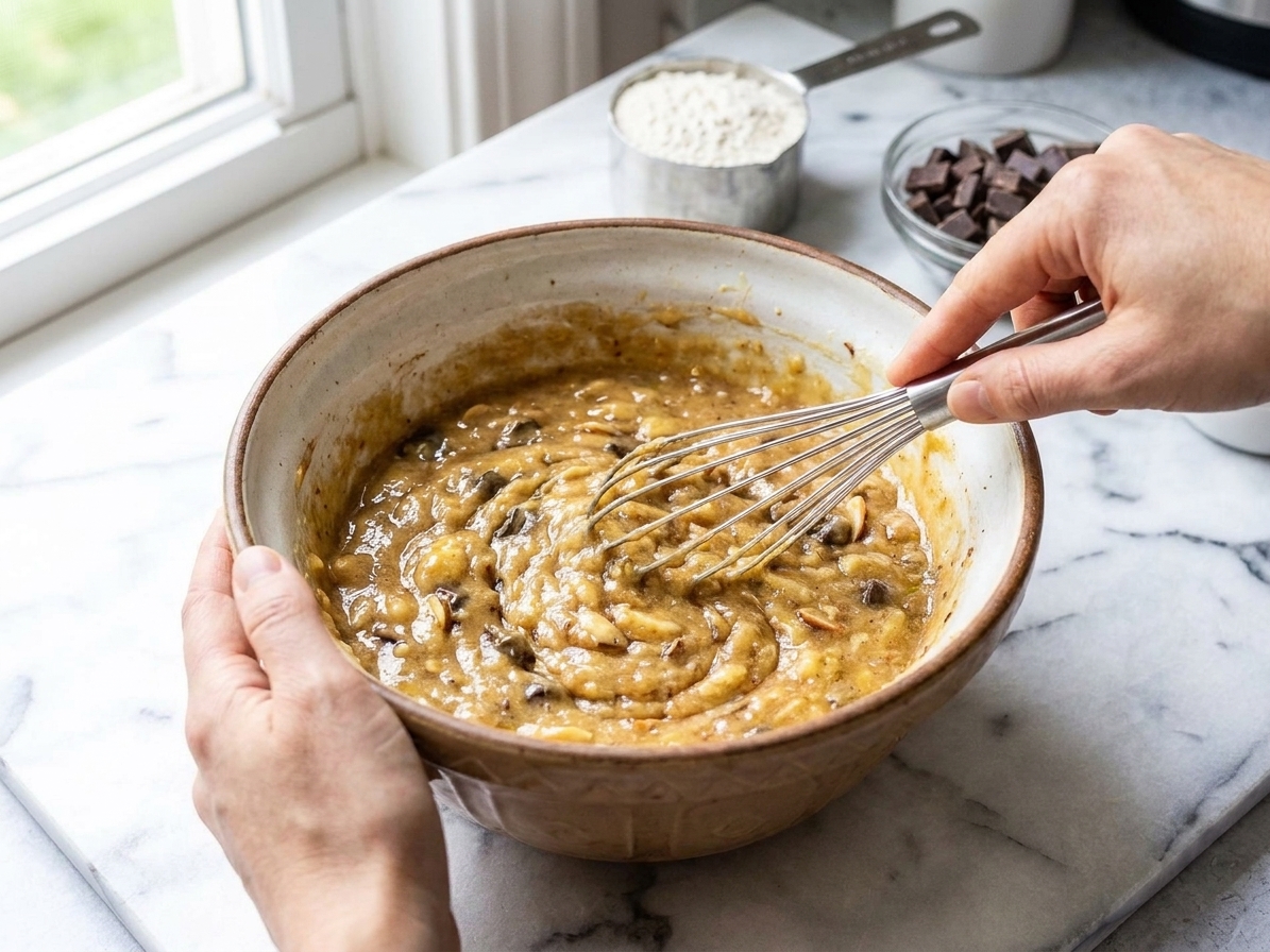 A thick banana bread batter being whisked in a large ceramic bowl on a bright kitchen counter