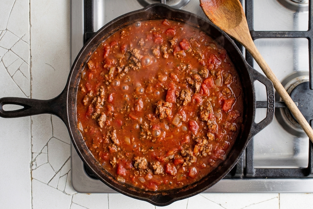 A thick beef and tomato sauce simmering in a skillet on the stove with small bubbles breaking on the surface