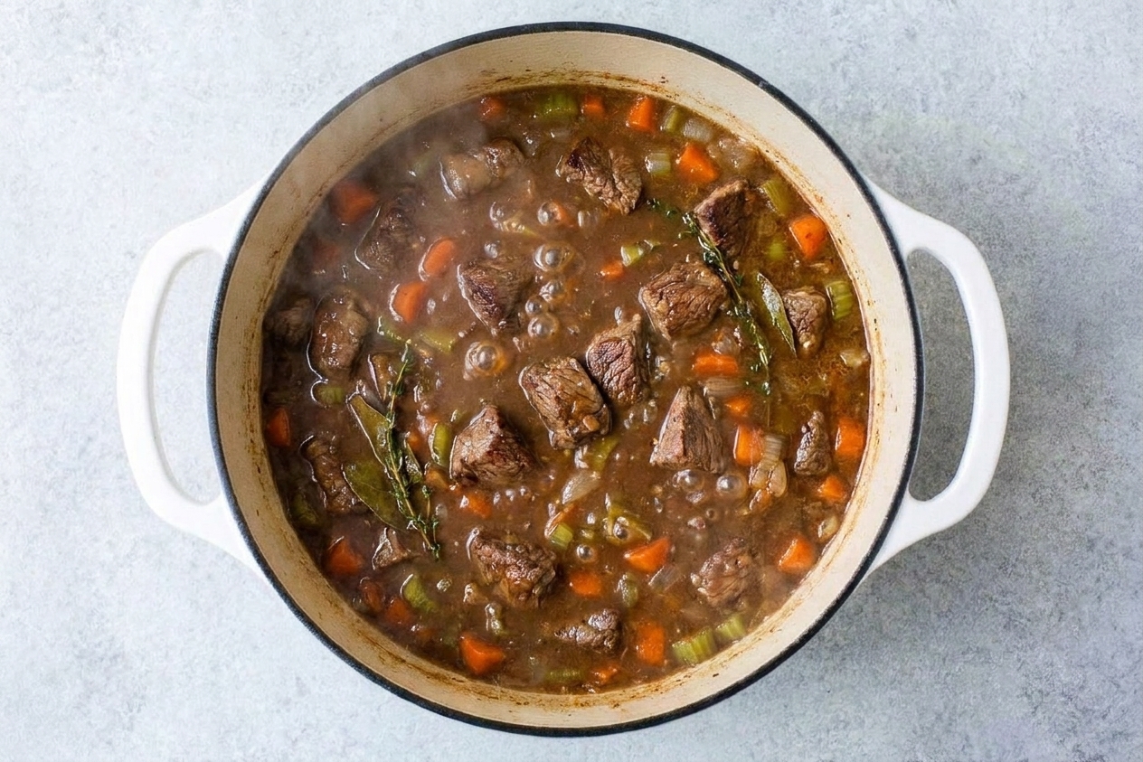 A thick beef gravy gently simmering in a Dutch oven with chunks of beef and vegetables visible