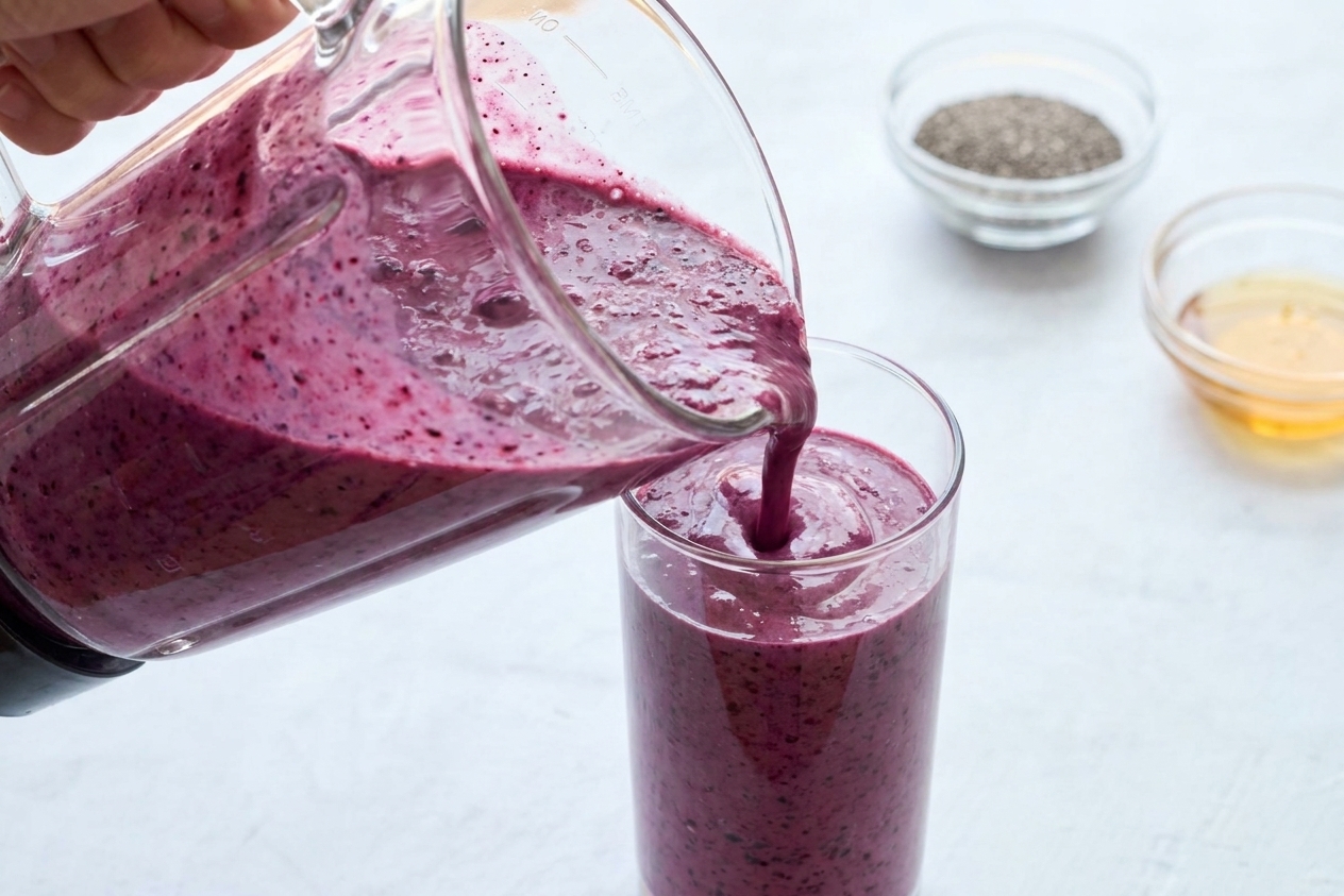 A thick berry fruit shake poured into a tall glass on a light kitchen counter