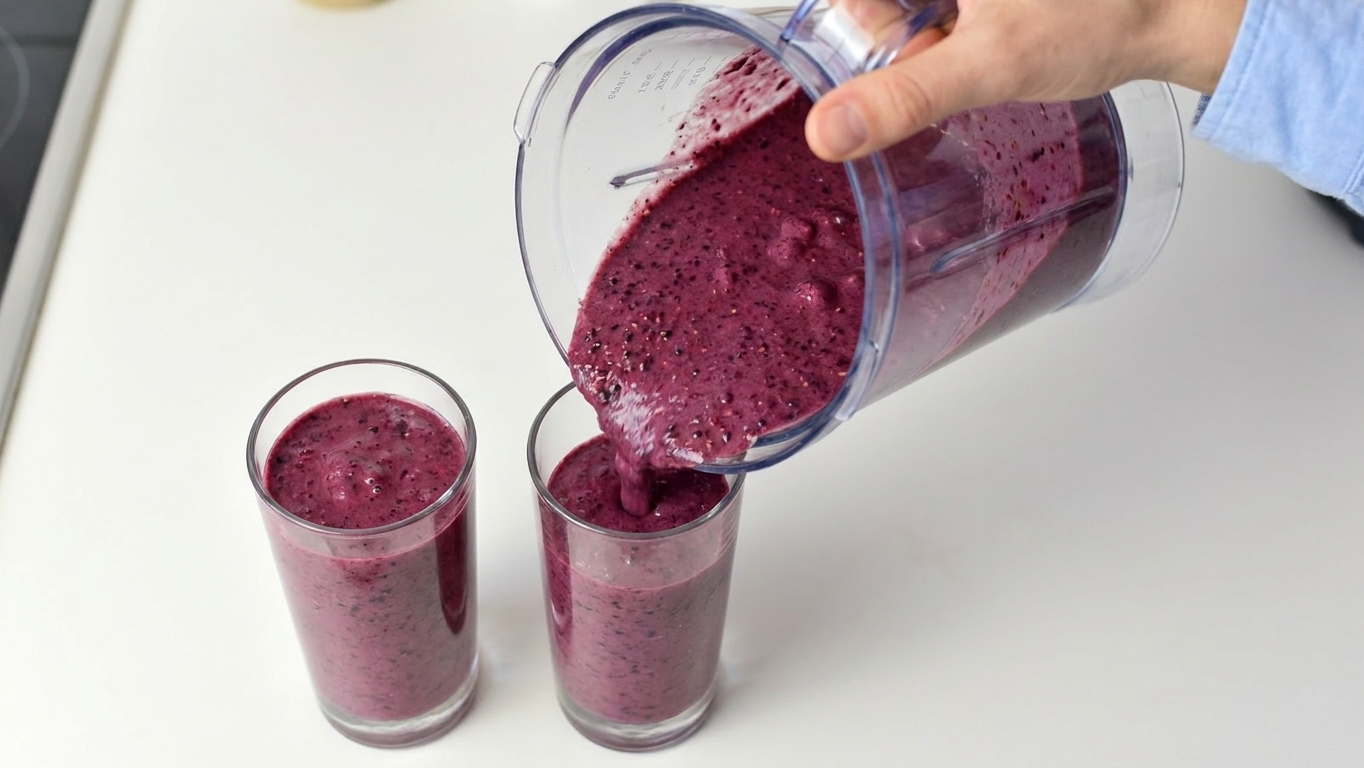 A thick berry smoothie being poured from a blender into two glasses on a kitchen counter