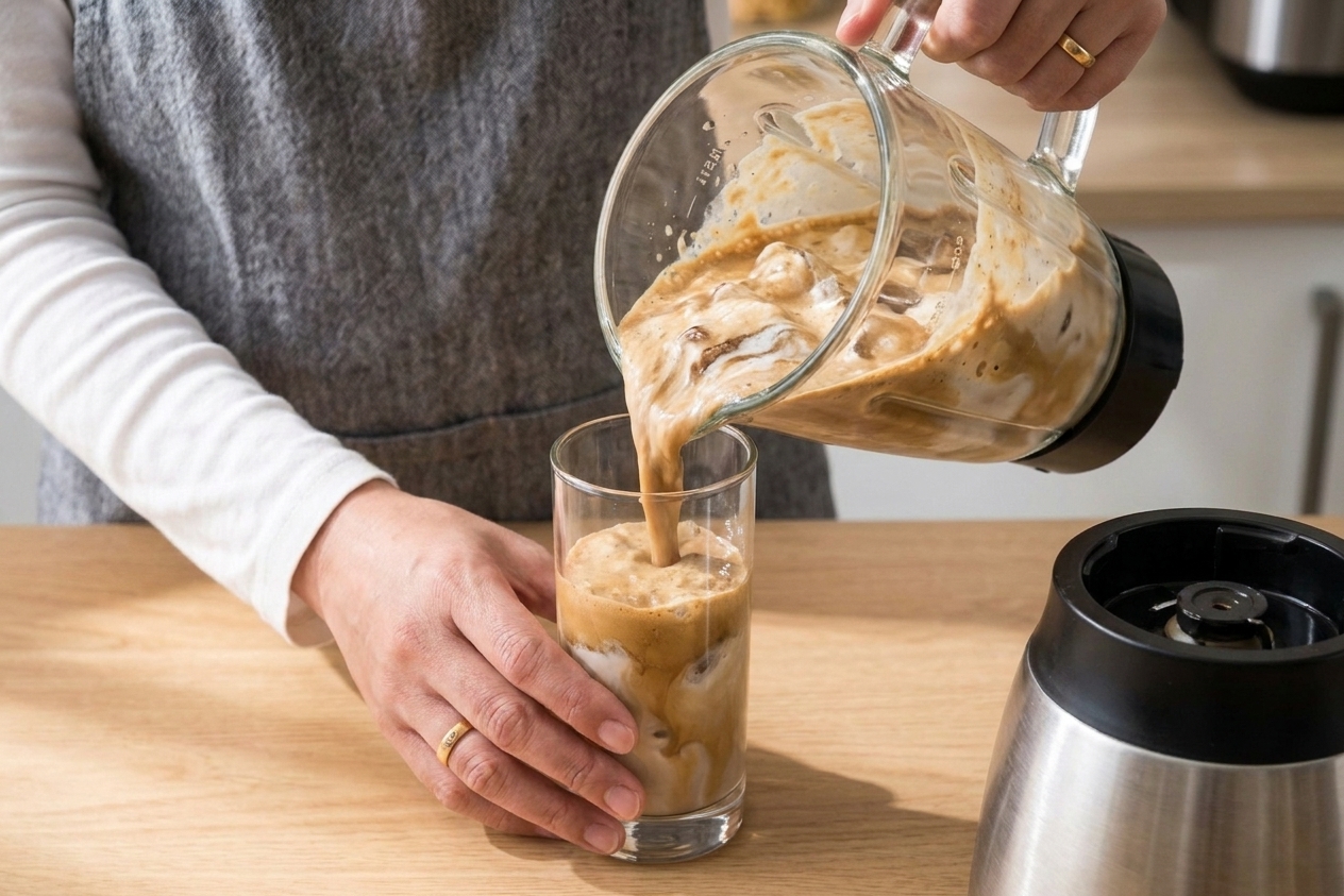 A thick blended coffee frappuccino being poured from a blender into a tall clear glass on a kitchen counter