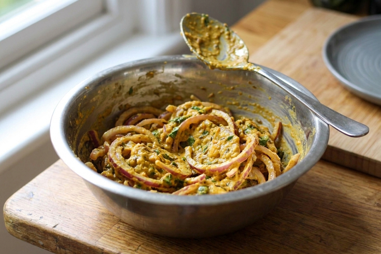 A thick chickpea flour batter coating sliced onions in a mixing bowl with a spoon resting on the rim