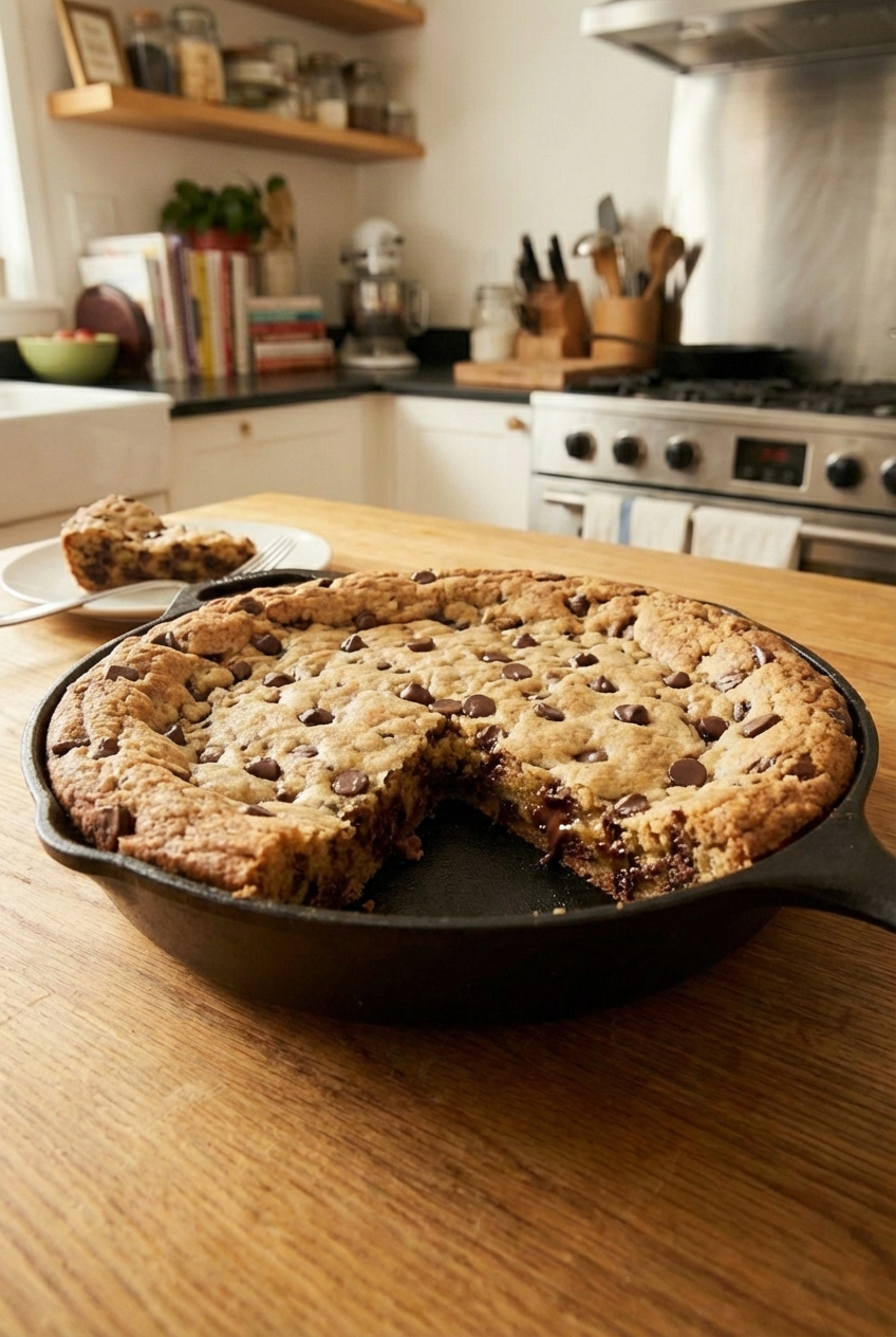 A thick chocolate chip cookie cake in a round pan with a slice removed, showing gooey chocolate and crisp golden edges on a wooden countertop