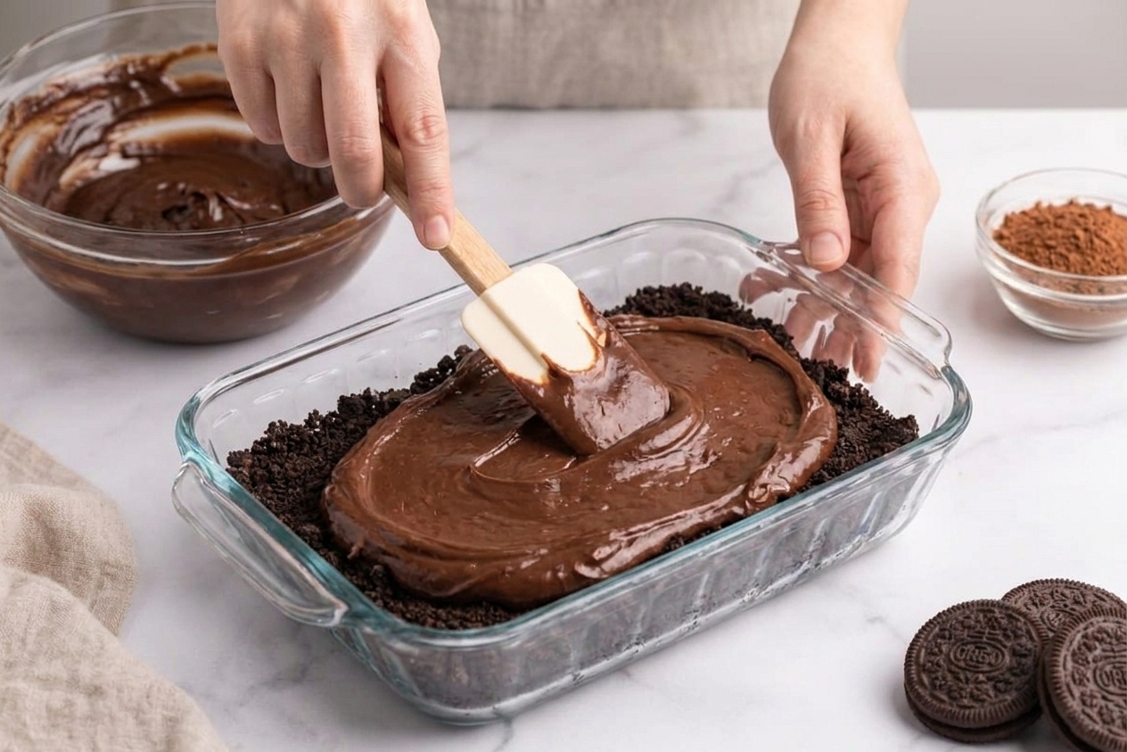 A thick chocolate cream filling being spread into a glass 9x13-inch baking dish over a layer of crushed Oreos
