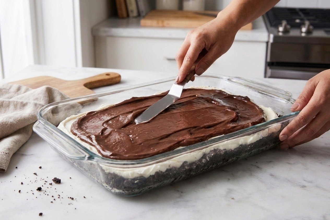 A thick chocolate pudding layer being spread evenly in a 9x13 glass dish over a pale cream layer on a kitchen counter