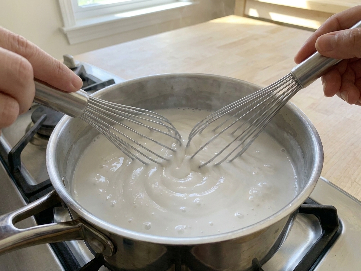 A thick coconut mixture being whisked in a saucepan on the stove, showing a glossy texture as it bubbles gently across the surface
