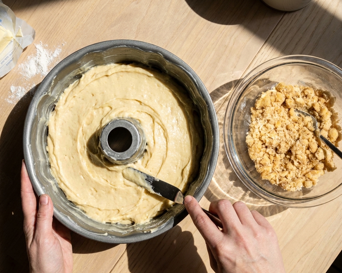A thick coffee cake batter being spread in a greased Bundt pan on a kitchen counter with streusel nearby