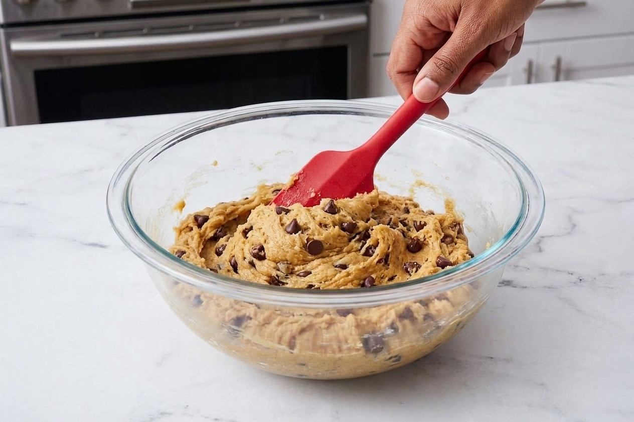 A thick cookie bar batter being stirred in a large bowl with a rubber spatula on a home kitchen counter