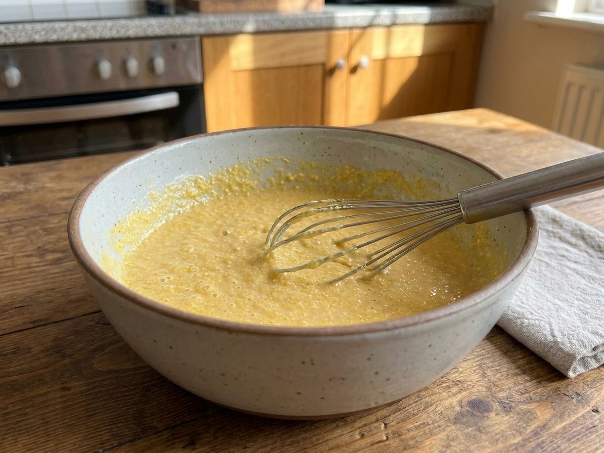 A thick cornmeal batter in a mixing bowl with a whisk resting inside on a kitchen counter