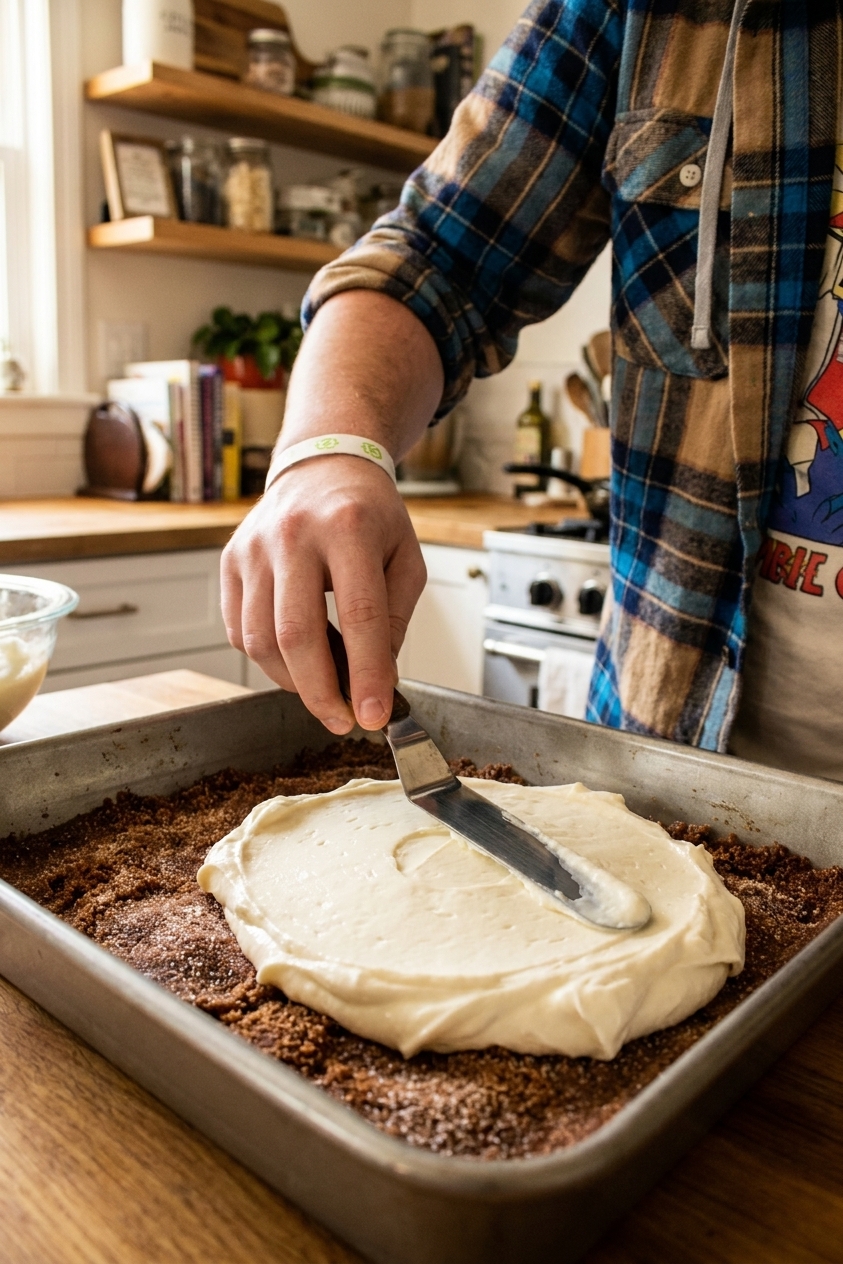 A thick cream cheese cheesecake filling being spread smoothly over a cinnamon-sugar crust in a metal baking pan with an offset spatula, close-up kitchen photo