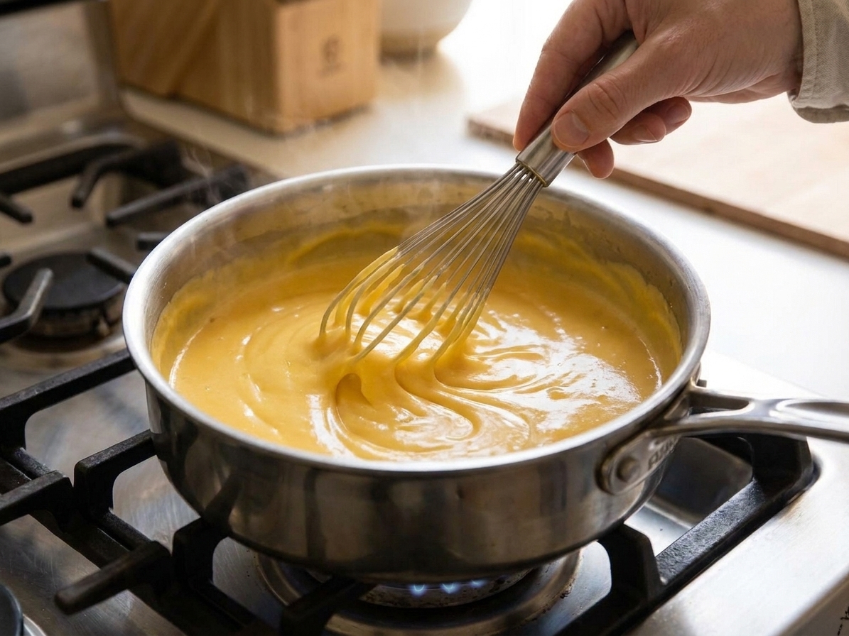 A thick, creamy cheddar cheese sauce being whisked in a saucepan on the stove, glossy and smooth