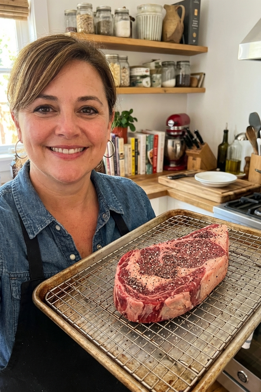 A thick-cut steak seasoned with salt and pepper sitting on a wire rack over a rimmed baking sheet, ready to go into the oven