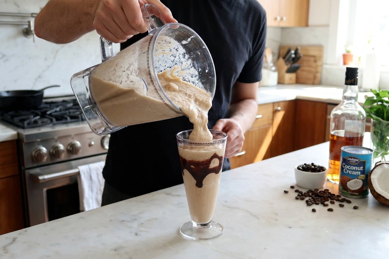 A thick frozen Bushwacker being poured from a blender into a glass lined with chocolate syrup on a bright kitchen counter