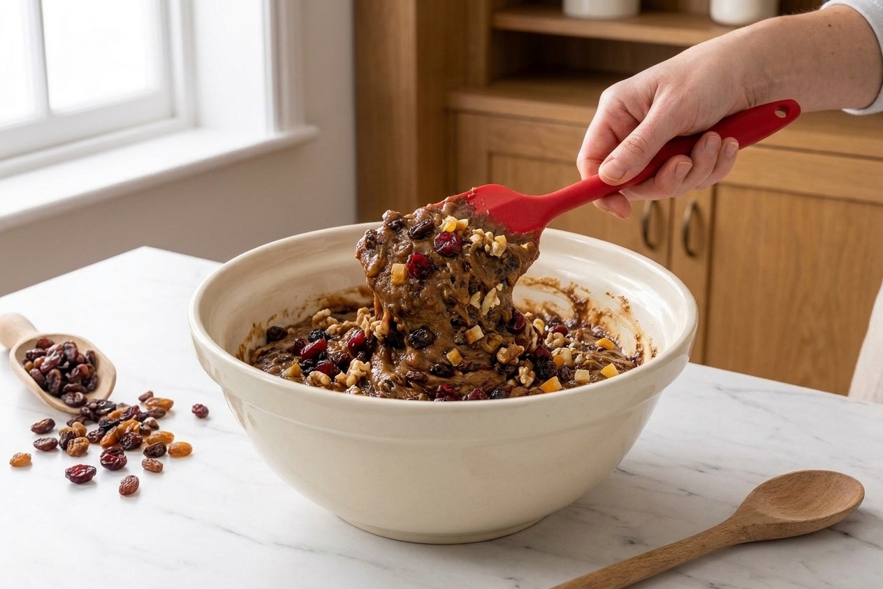 A thick fruitcake batter in a large mixing bowl with visible dried fruit and nuts, being folded with a rubber spatula