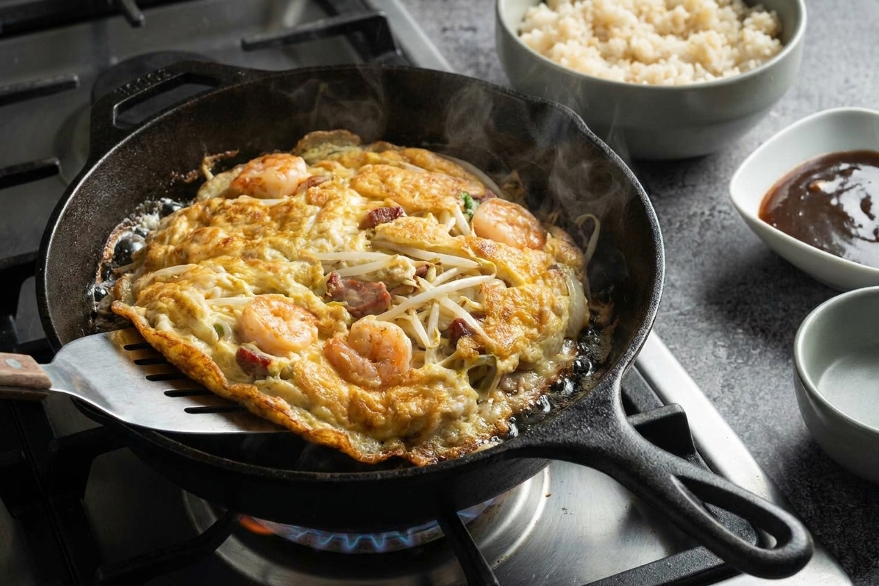 A thick fu yong egg omelet cooking in a skillet with crisping edges on a stovetop