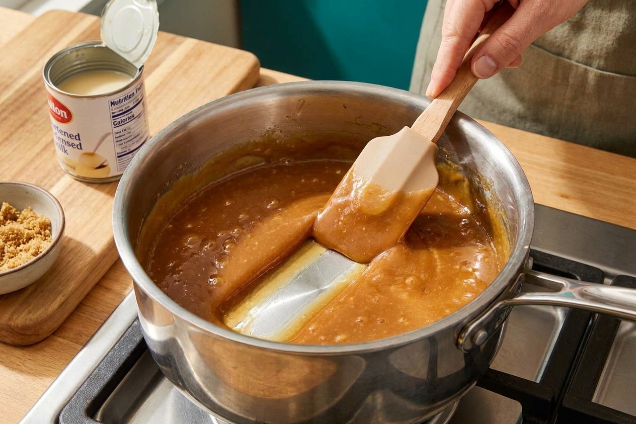 A thick, glossy caramel-colored custard being stirred in a saucepan with a heatproof spatula, showing a visible trail on the bottom of the pan