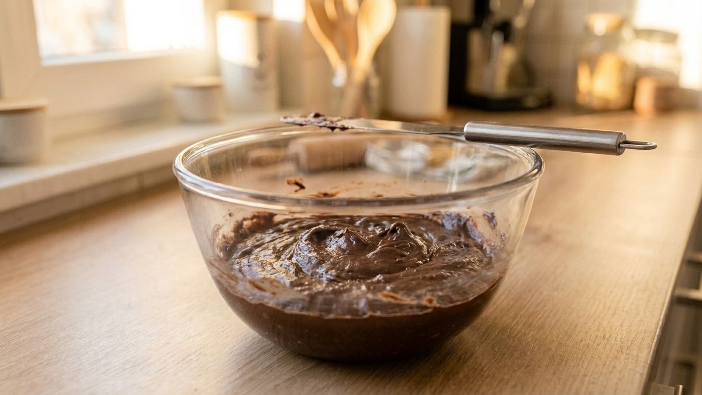 A thick, glossy chocolate cookie dough in a mixing bowl with a spatula resting on the side on a bright kitchen counter