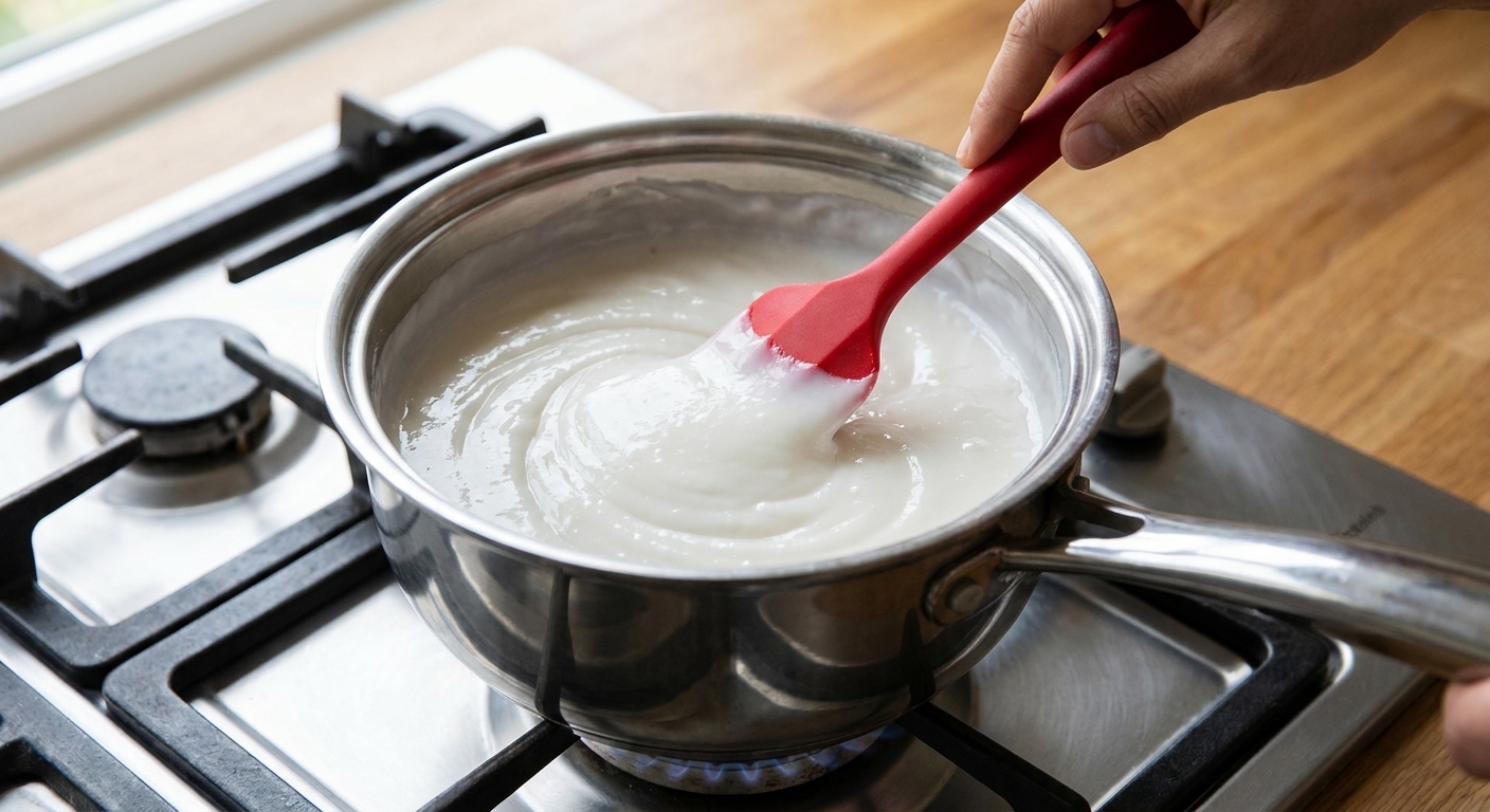 A thick, glossy coconut pudding mixture being stirred in a saucepan with a rubber spatula on a stove