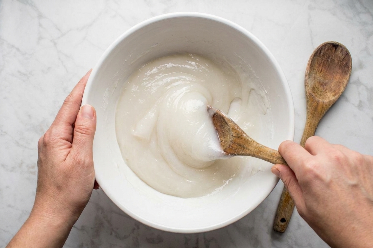 A thick, glossy tapioca dough being stirred in a mixing bowl until smooth