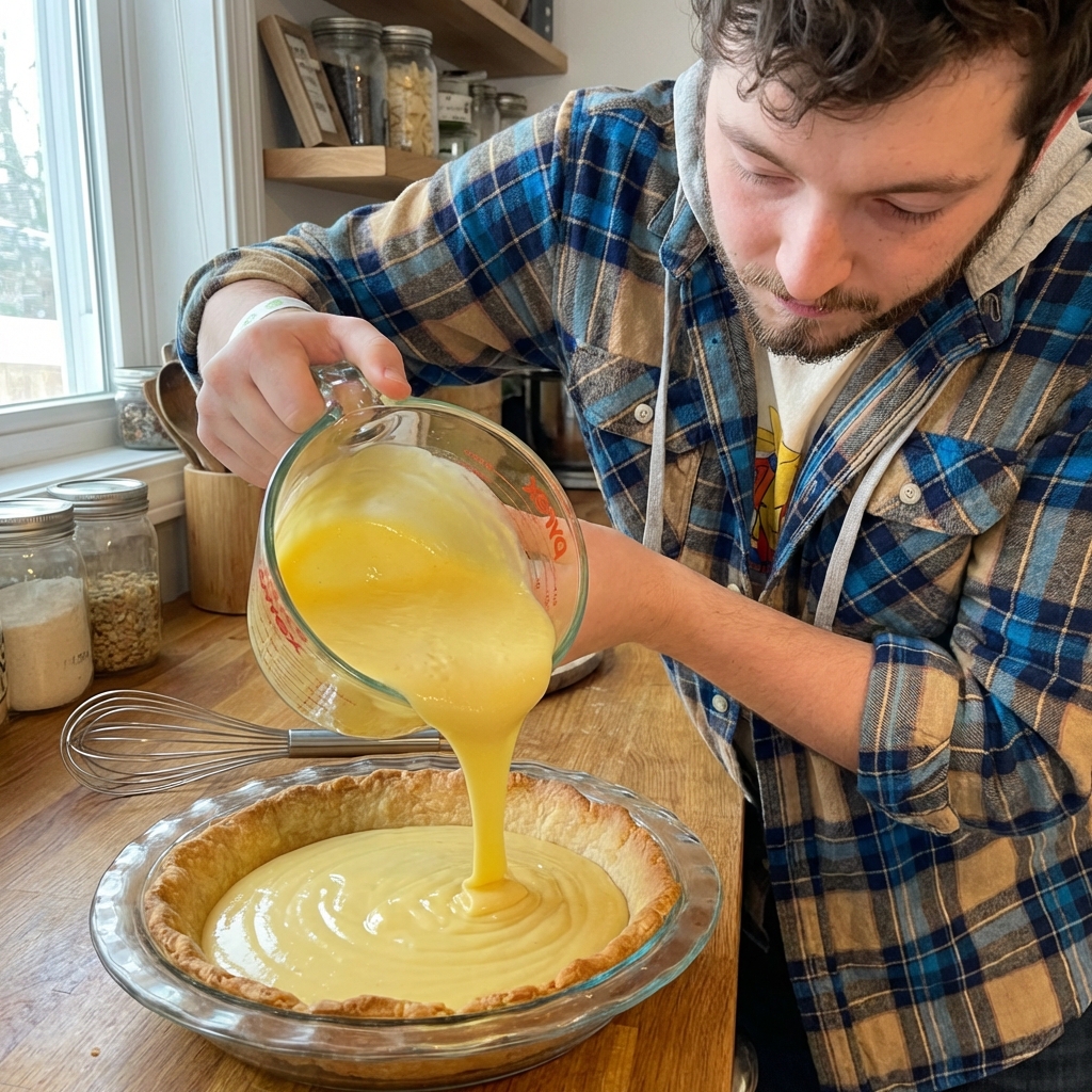 A thick, glossy vegan custard filling being poured into a par-baked pie crust in a glass pie dish